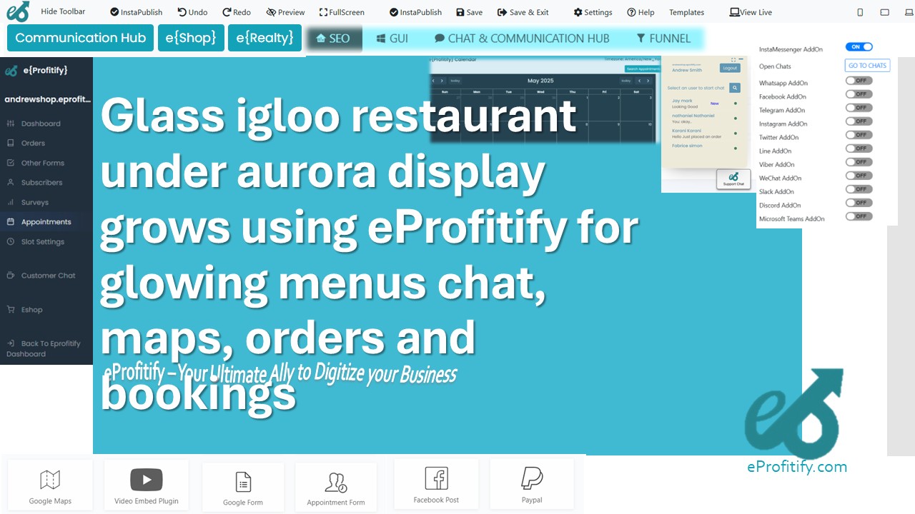 Glass igloo restaurant under aurora display grows using eProfitify for glowing menus chat, maps, orders and bookings